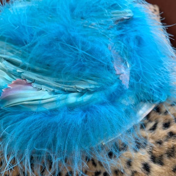 Vintage Silk Fabric Hat with Marabou Feathers Bright Blue